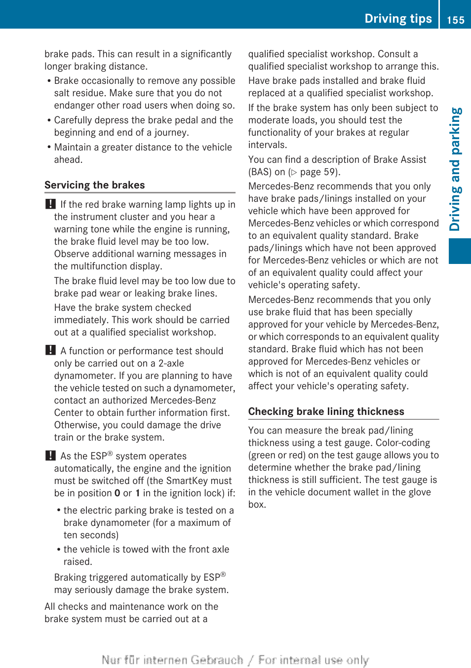 Driving and parking, Driving tips | Mercedes-Benz 2012 B Class User Manual | Page 157 / 340