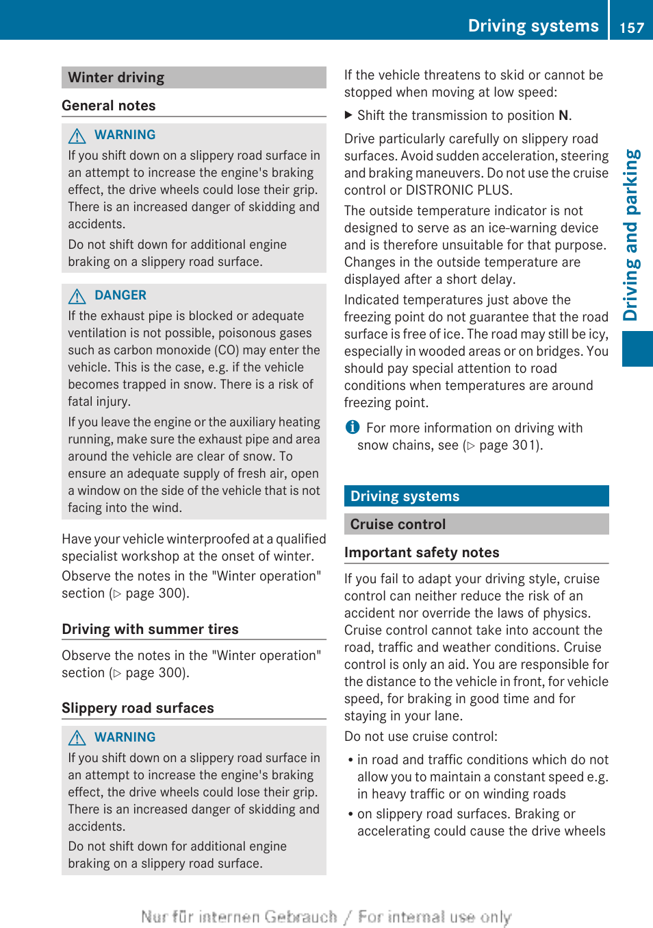 Winter driving, Driving systems, Cruise control | Driving and parking | Mercedes-Benz 2012 B Class User Manual | Page 159 / 340