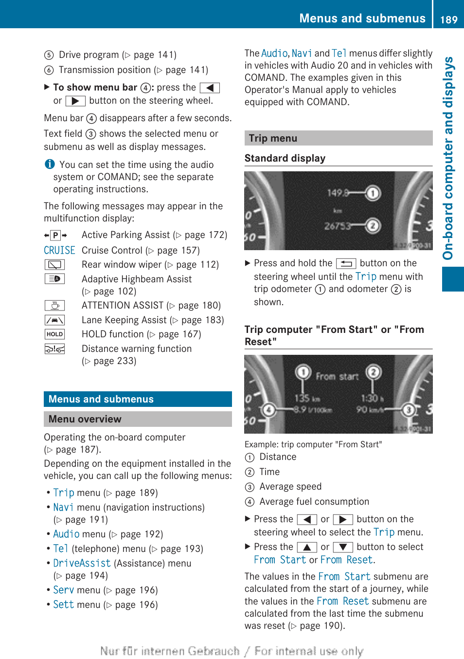 Menus and submenus, Menu overview, Trip menu | On-board computer and displays | Mercedes-Benz 2012 B Class User Manual | Page 191 / 340