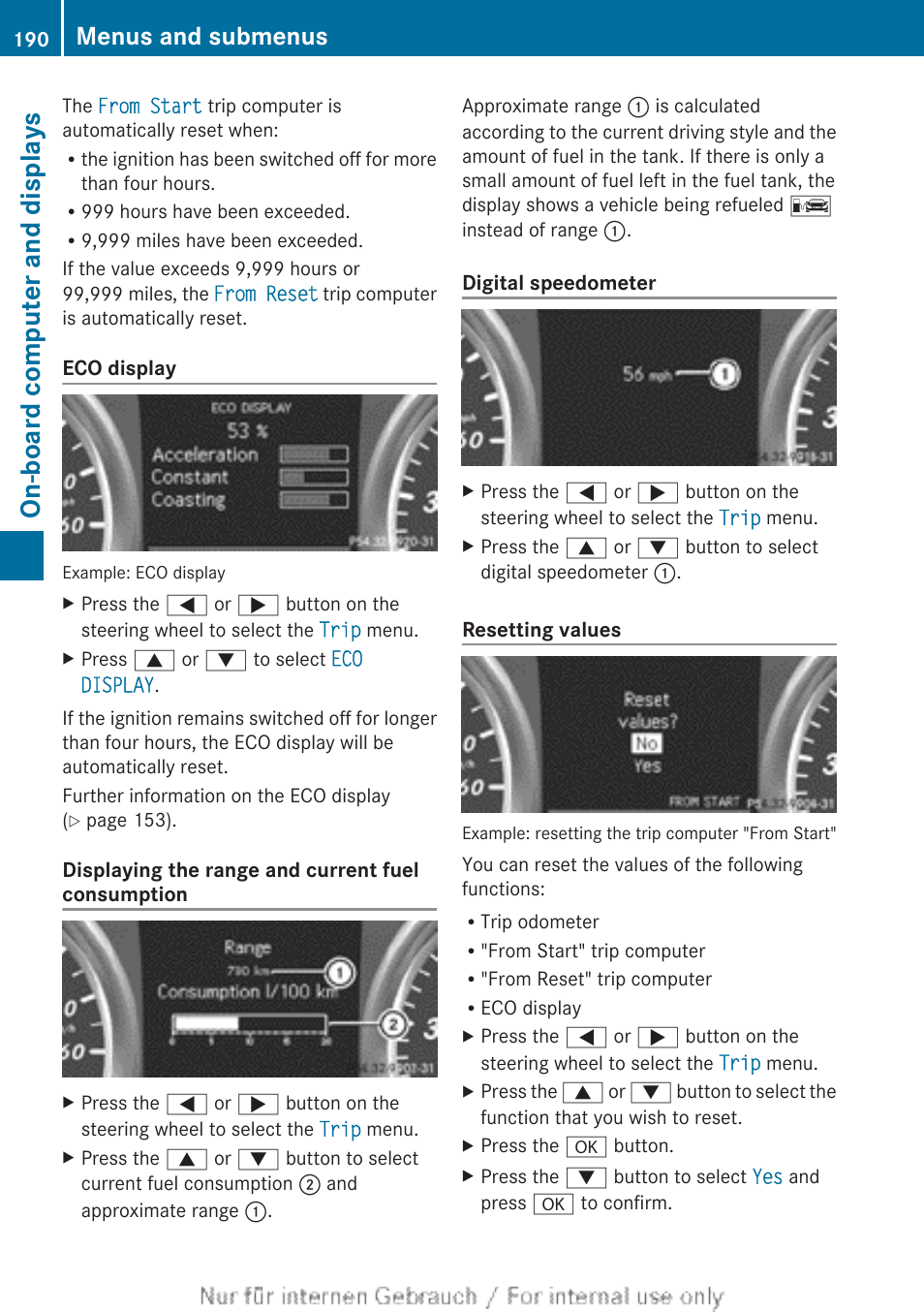 On-board computer and displays, Menus and submenus | Mercedes-Benz 2012 B Class User Manual | Page 192 / 340