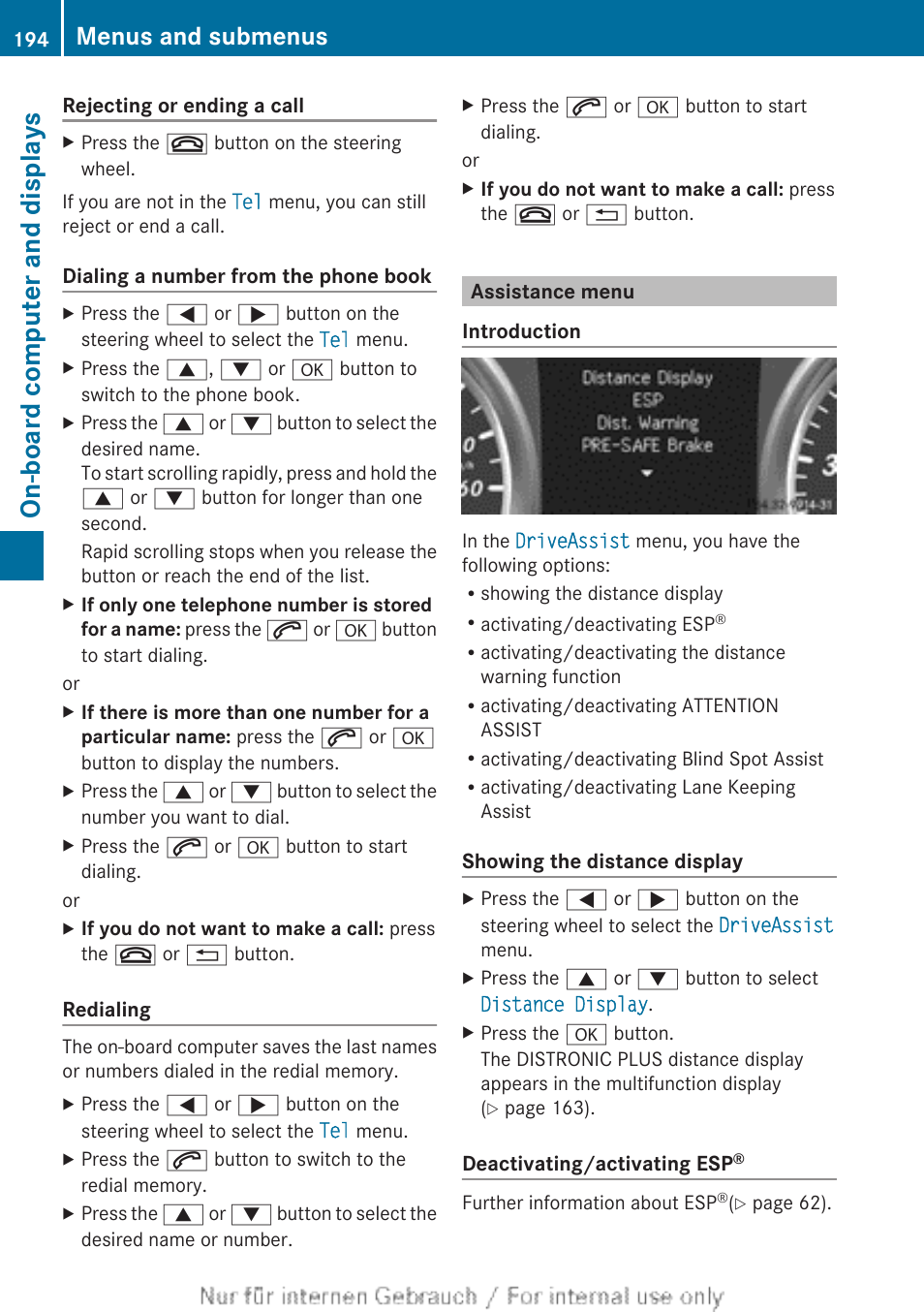 Assistance menu, On-board computer and displays, Menus and submenus | Mercedes-Benz 2012 B Class User Manual | Page 196 / 340