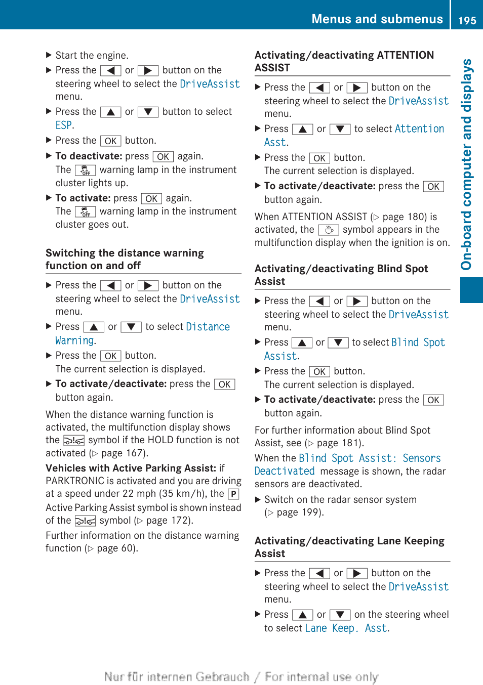 On-board computer and displays, Menus and submenus | Mercedes-Benz 2012 B Class User Manual | Page 197 / 340