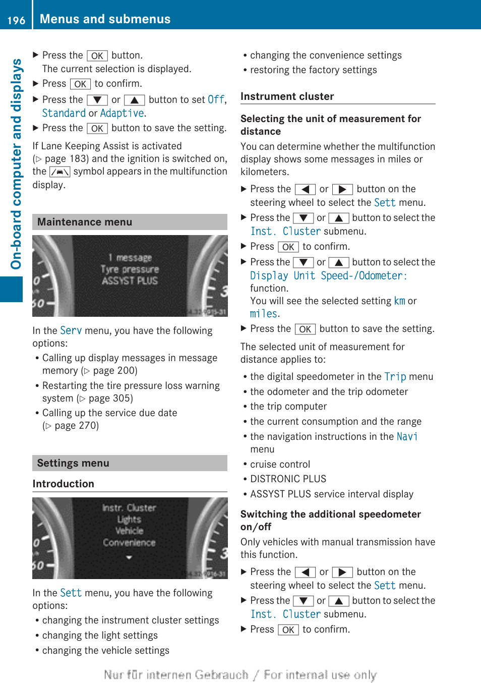 Maintenance menu, Settings menu, On-board computer and displays | Menus and submenus | Mercedes-Benz 2012 B Class User Manual | Page 198 / 340