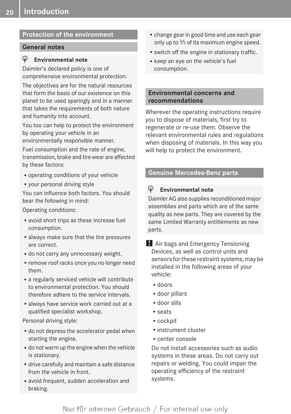 Introduction, Protection of the environment, General notes | Environmental concerns and recommendations, Genuine mercedes-benz parts | Mercedes-Benz 2012 B Class User Manual | Page 22 / 340