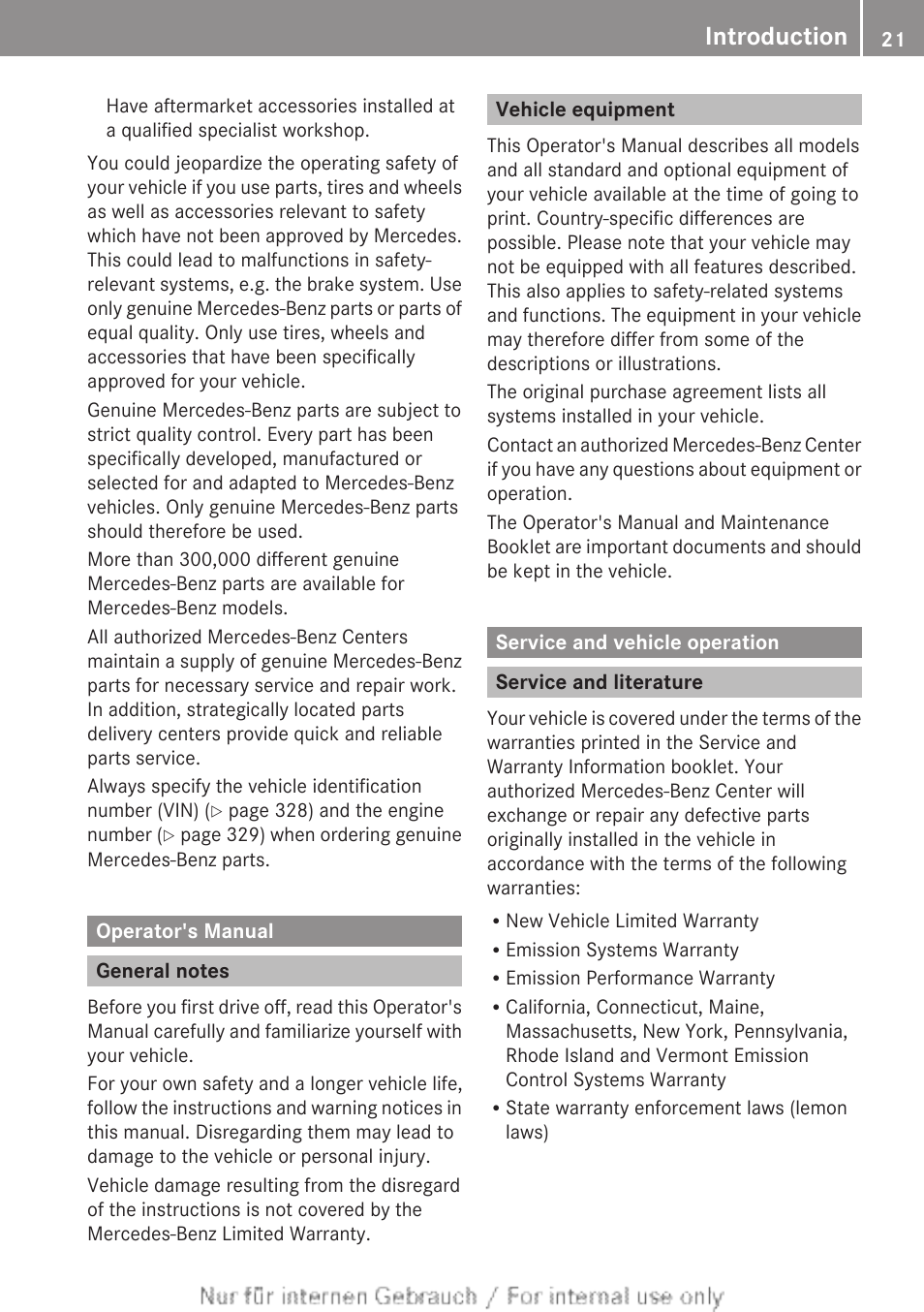 Operator's manual, General notes, Vehicle equipment | Service and vehicle operation, Service and literature, Introduction | Mercedes-Benz 2012 B Class User Manual | Page 23 / 340