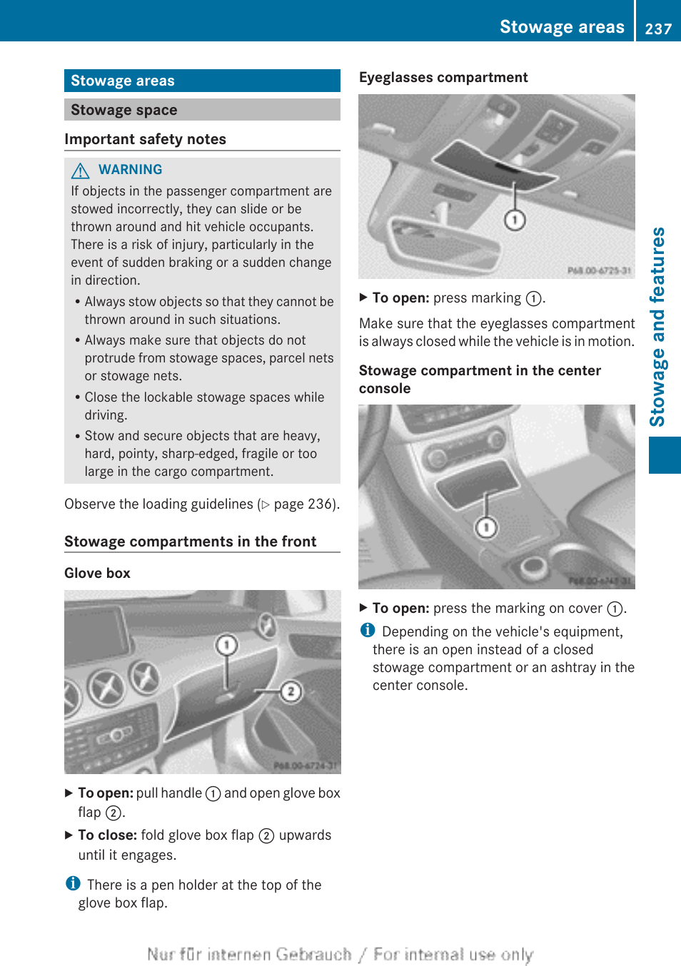 Stowage areas, Stowage space, Stowage and features | Mercedes-Benz 2012 B Class User Manual | Page 239 / 340