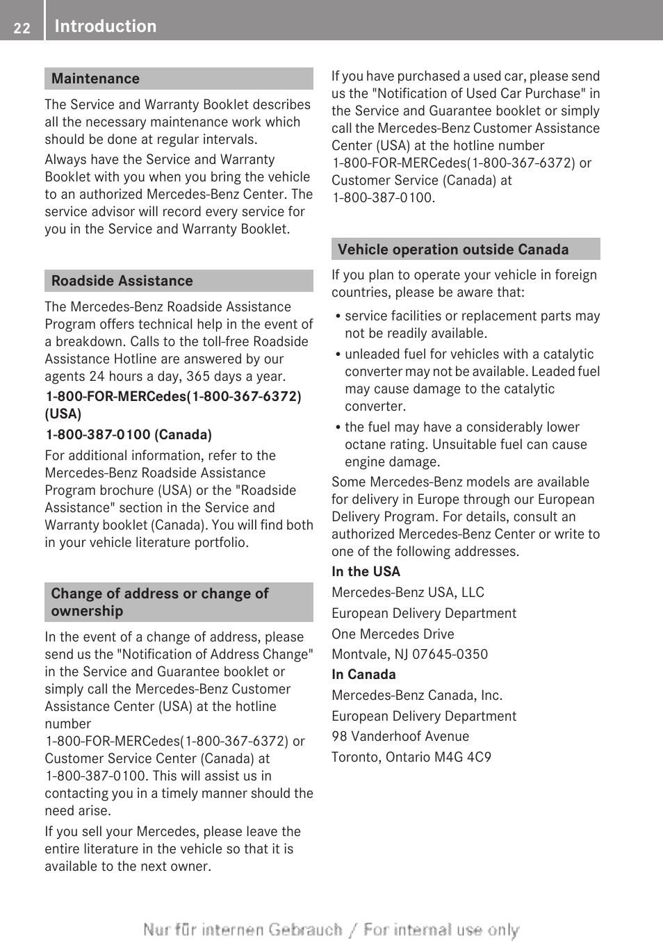 Maintenance, Roadside assistance, Change of address or change of ownership | Vehicle operation outside canada, Introduction | Mercedes-Benz 2012 B Class User Manual | Page 24 / 340