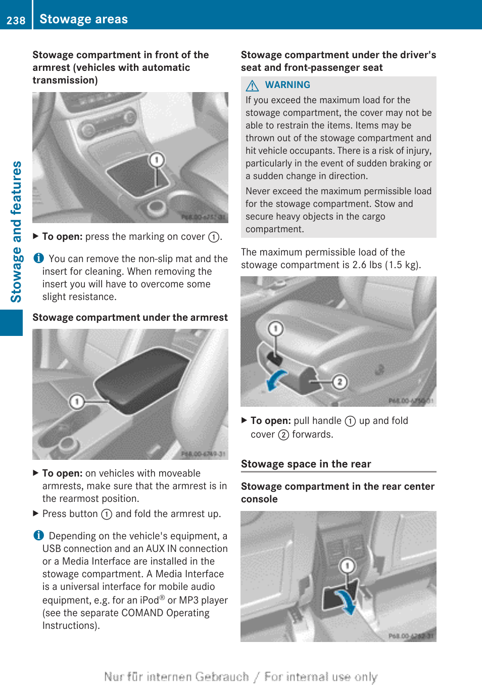 Stowage and features, Stowage areas | Mercedes-Benz 2012 B Class User Manual | Page 240 / 340