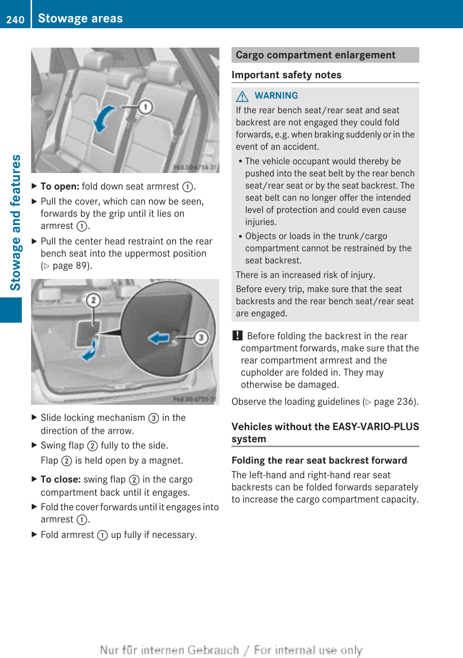 Cargo compartment enlargement, Stowage and features, Stowage areas | Mercedes-Benz 2012 B Class User Manual | Page 242 / 340