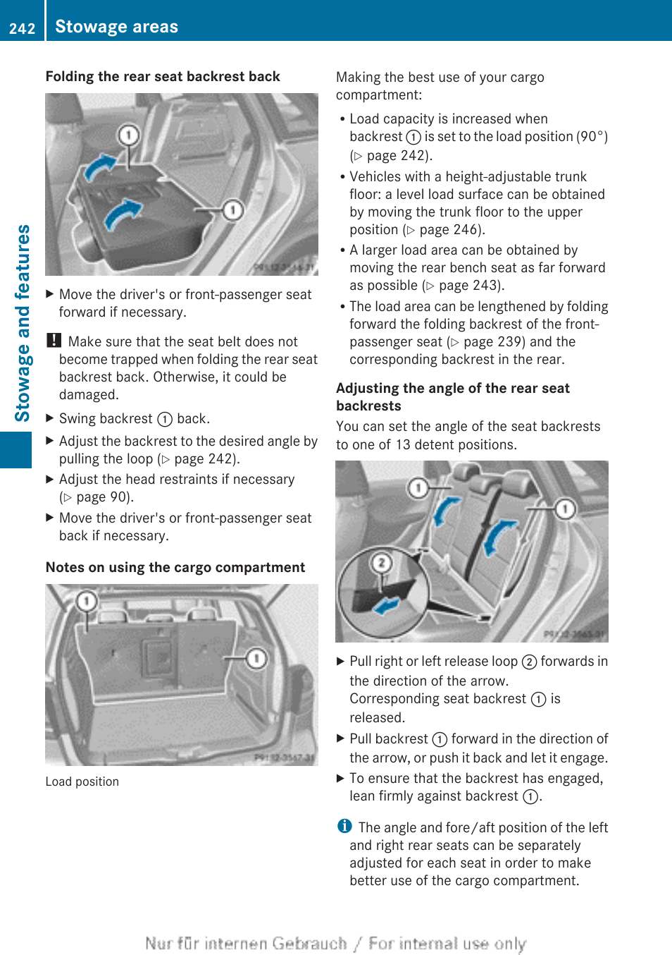 Stowage and features, Stowage areas | Mercedes-Benz 2012 B Class User Manual | Page 244 / 340