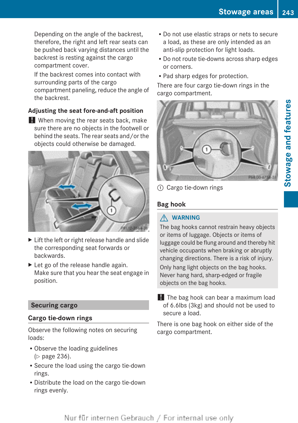 Securing cargo, Stowage and features, Stowage areas | Mercedes-Benz 2012 B Class User Manual | Page 245 / 340