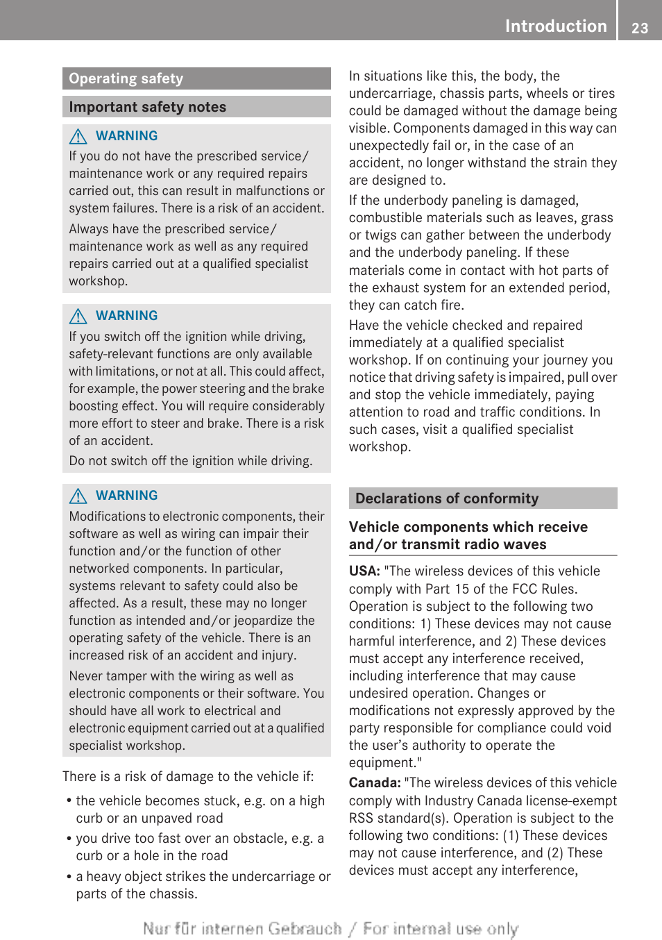 Operating safety, Important safety notes, Declarations of conformity | Introduction | Mercedes-Benz 2012 B Class User Manual | Page 25 / 340