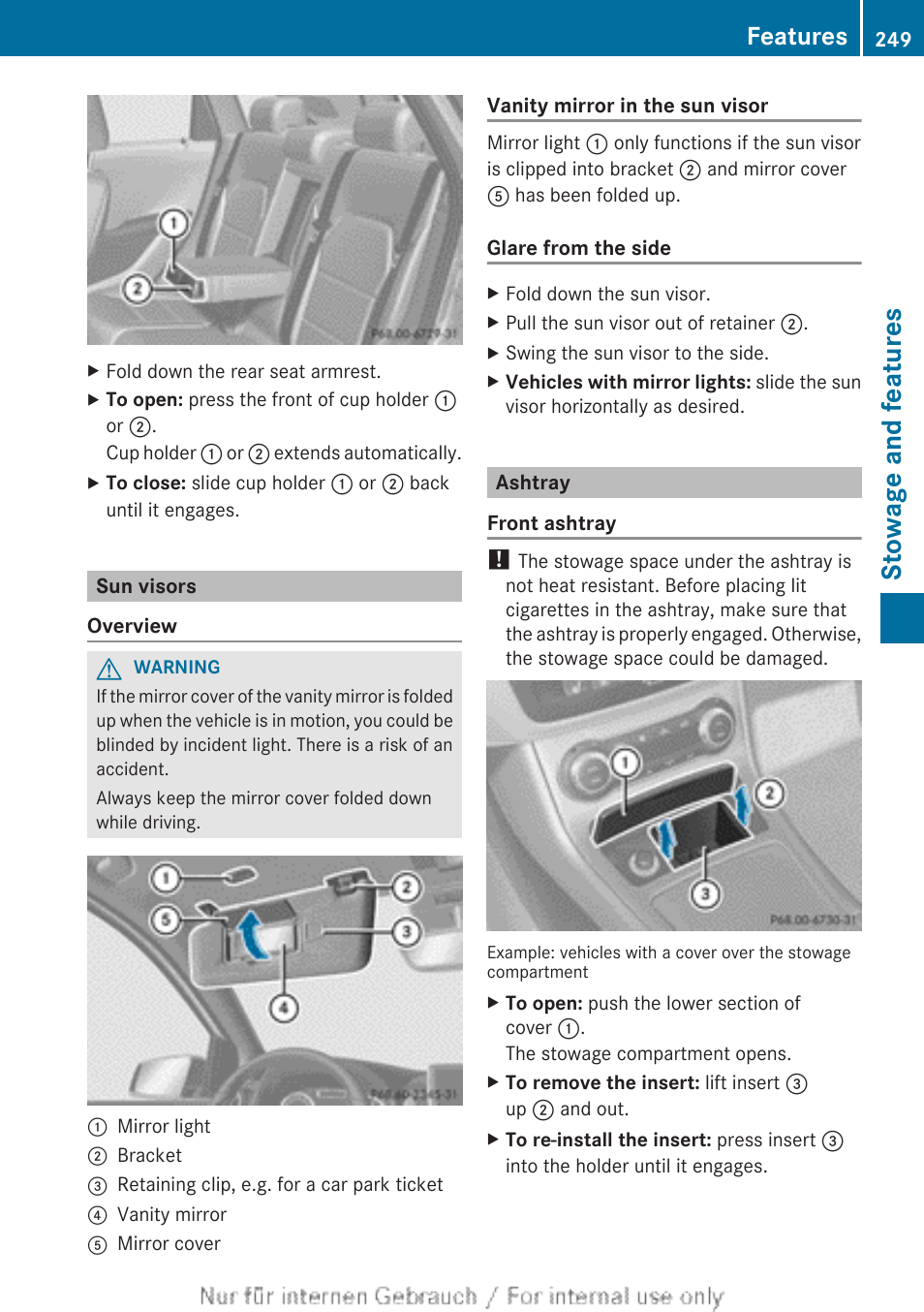 Sun visors, Ashtray, Stowage and features | Features | Mercedes-Benz 2012 B Class User Manual | Page 251 / 340