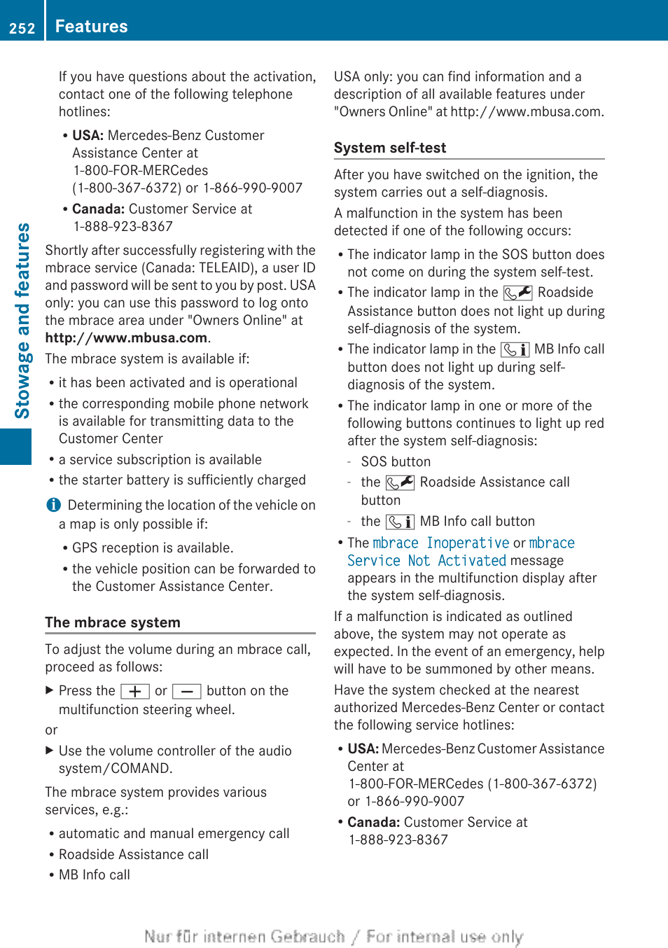 Stowage and features, Features | Mercedes-Benz 2012 B Class User Manual | Page 254 / 340