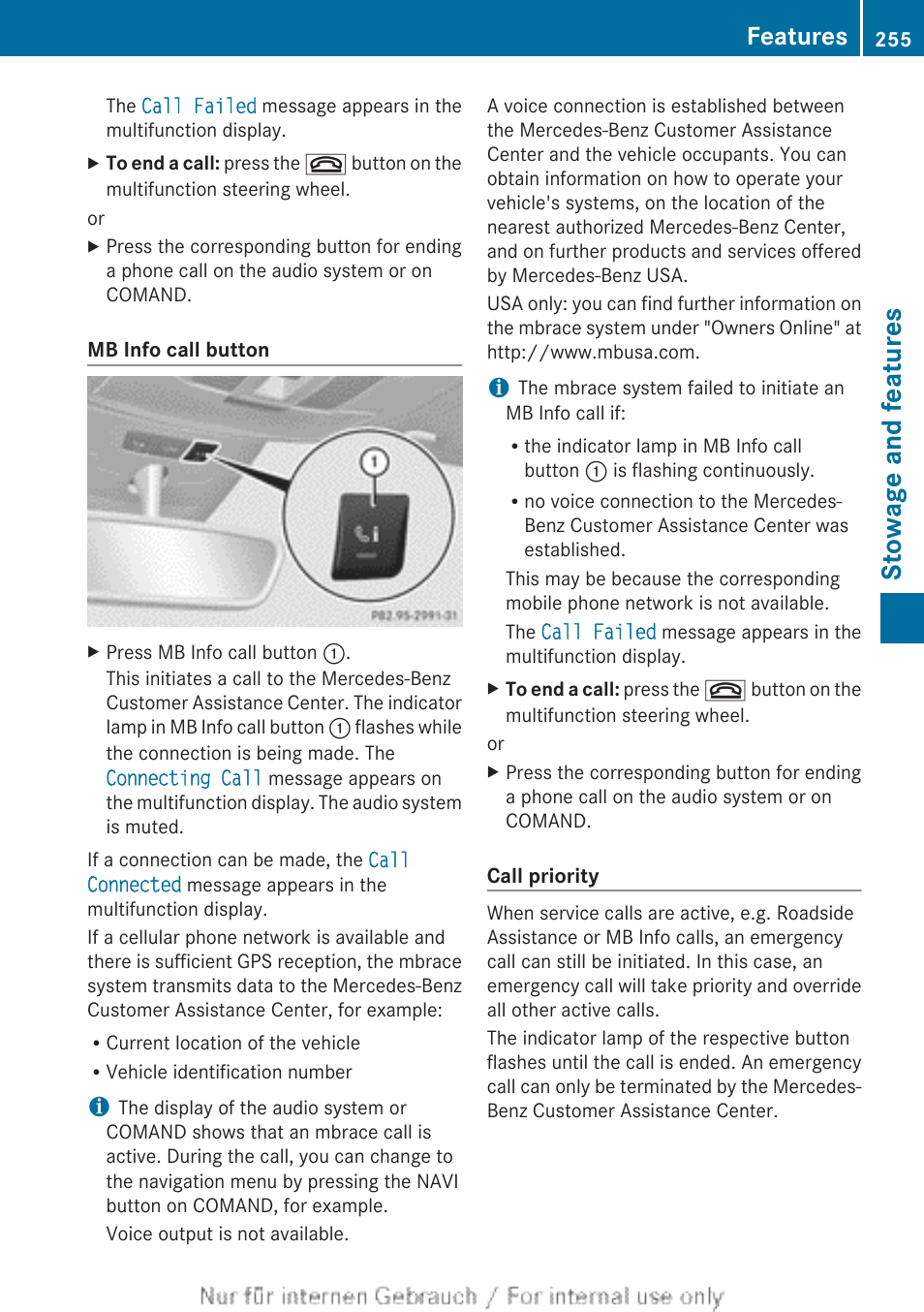 Stowage and features, Features | Mercedes-Benz 2012 B Class User Manual | Page 257 / 340