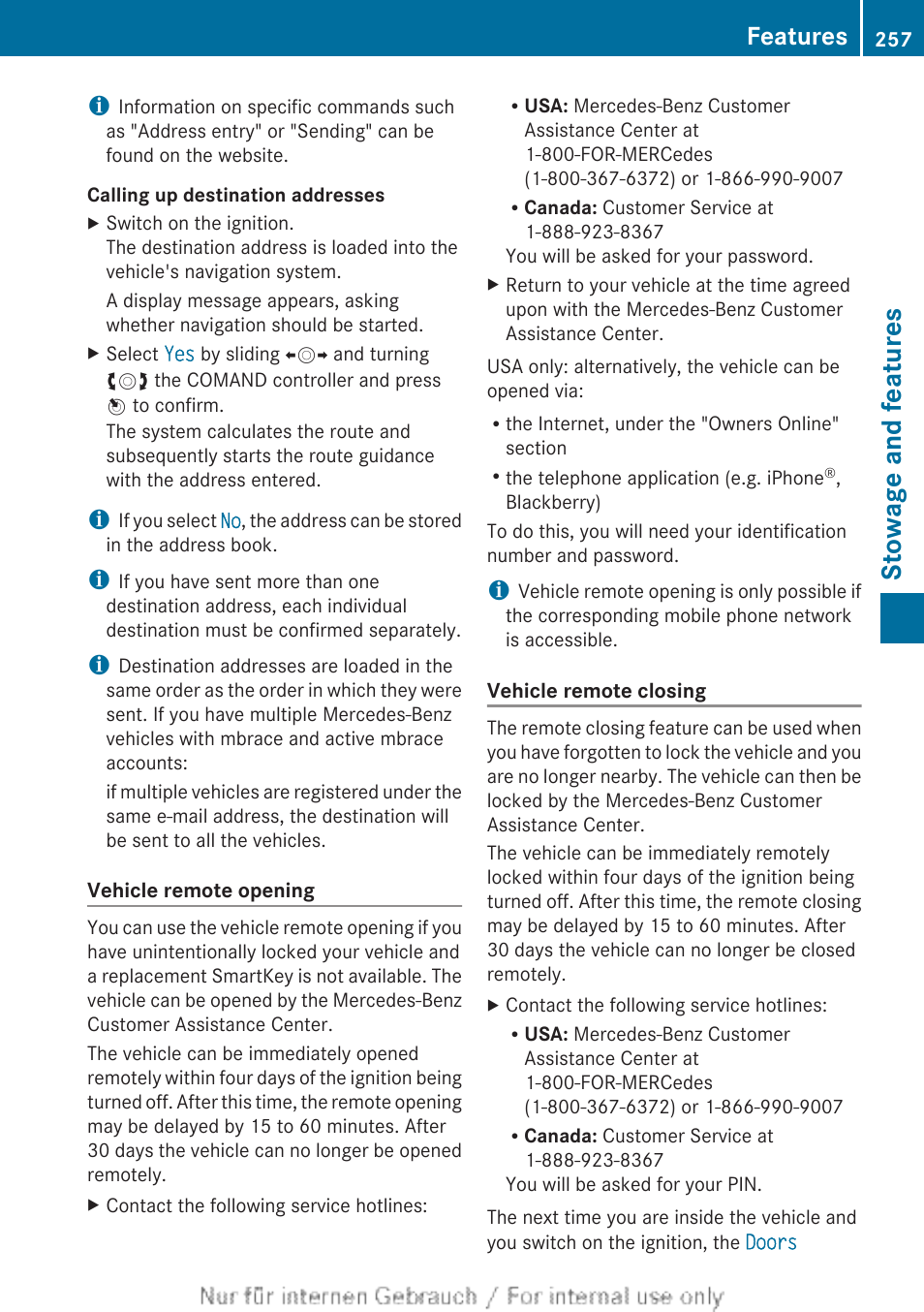 Stowage and features, Features | Mercedes-Benz 2012 B Class User Manual | Page 259 / 340