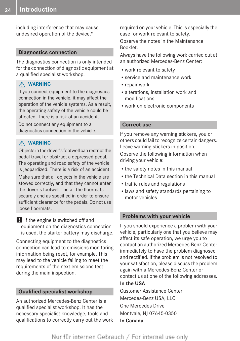 Diagnostics connection, Qualified specialist workshop, Correct use | Problems with your vehicle, Introduction | Mercedes-Benz 2012 B Class User Manual | Page 26 / 340