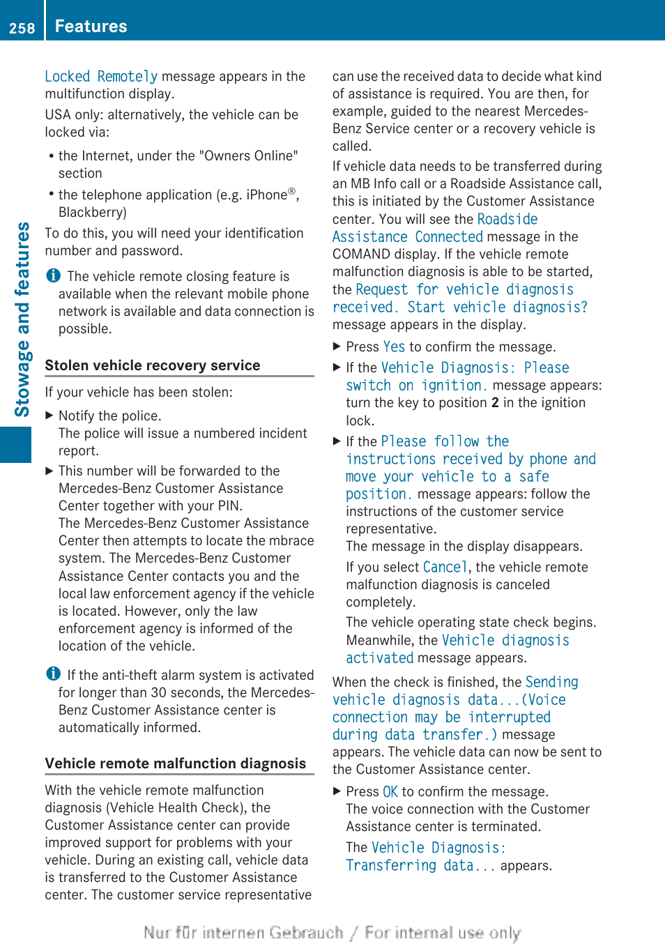 Stowage and features, Features | Mercedes-Benz 2012 B Class User Manual | Page 260 / 340