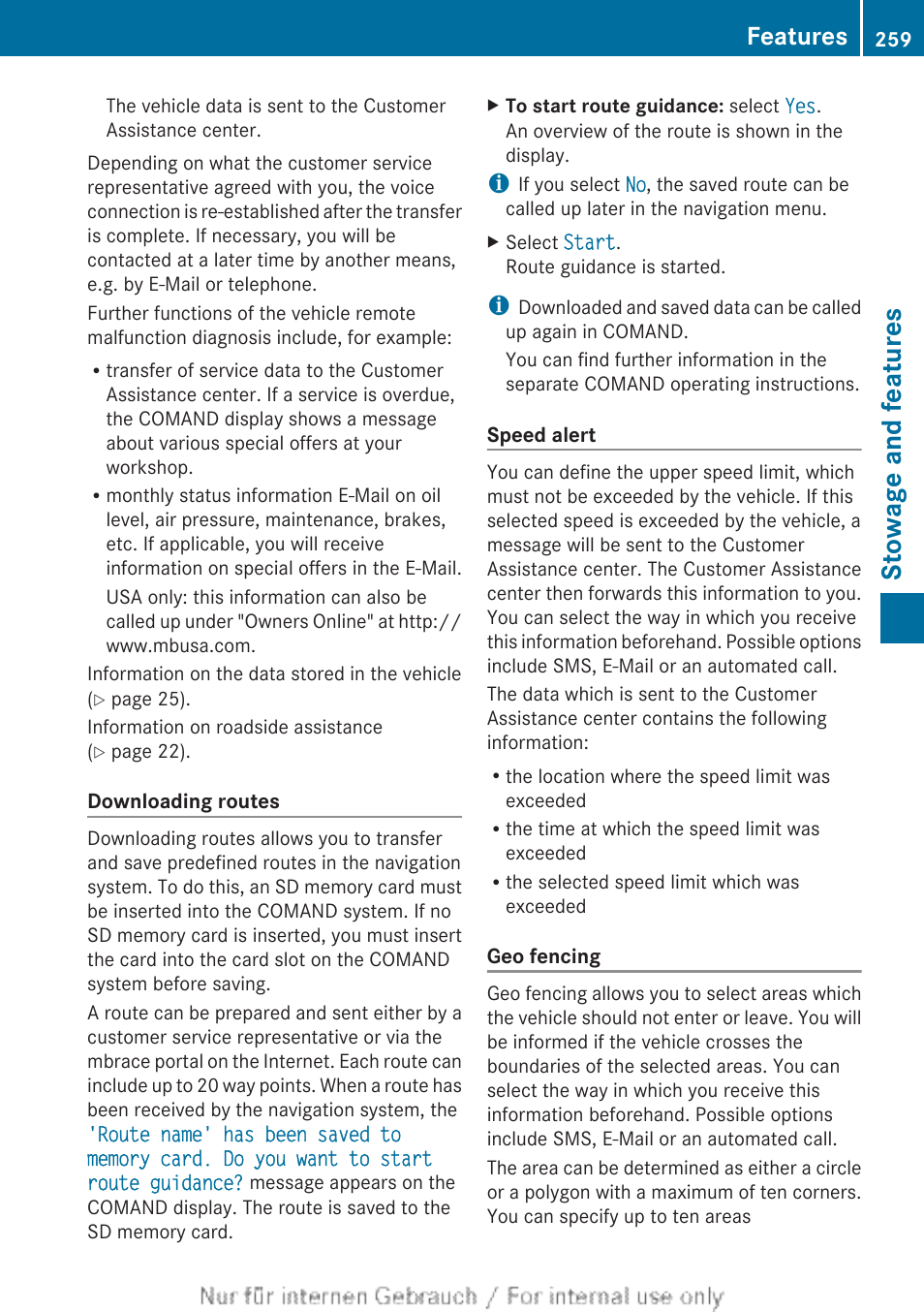 Stowage and features, Features | Mercedes-Benz 2012 B Class User Manual | Page 261 / 340