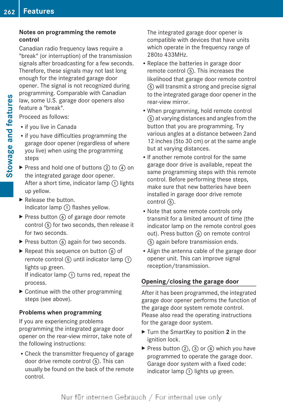 Stowage and features, Features | Mercedes-Benz 2012 B Class User Manual | Page 264 / 340