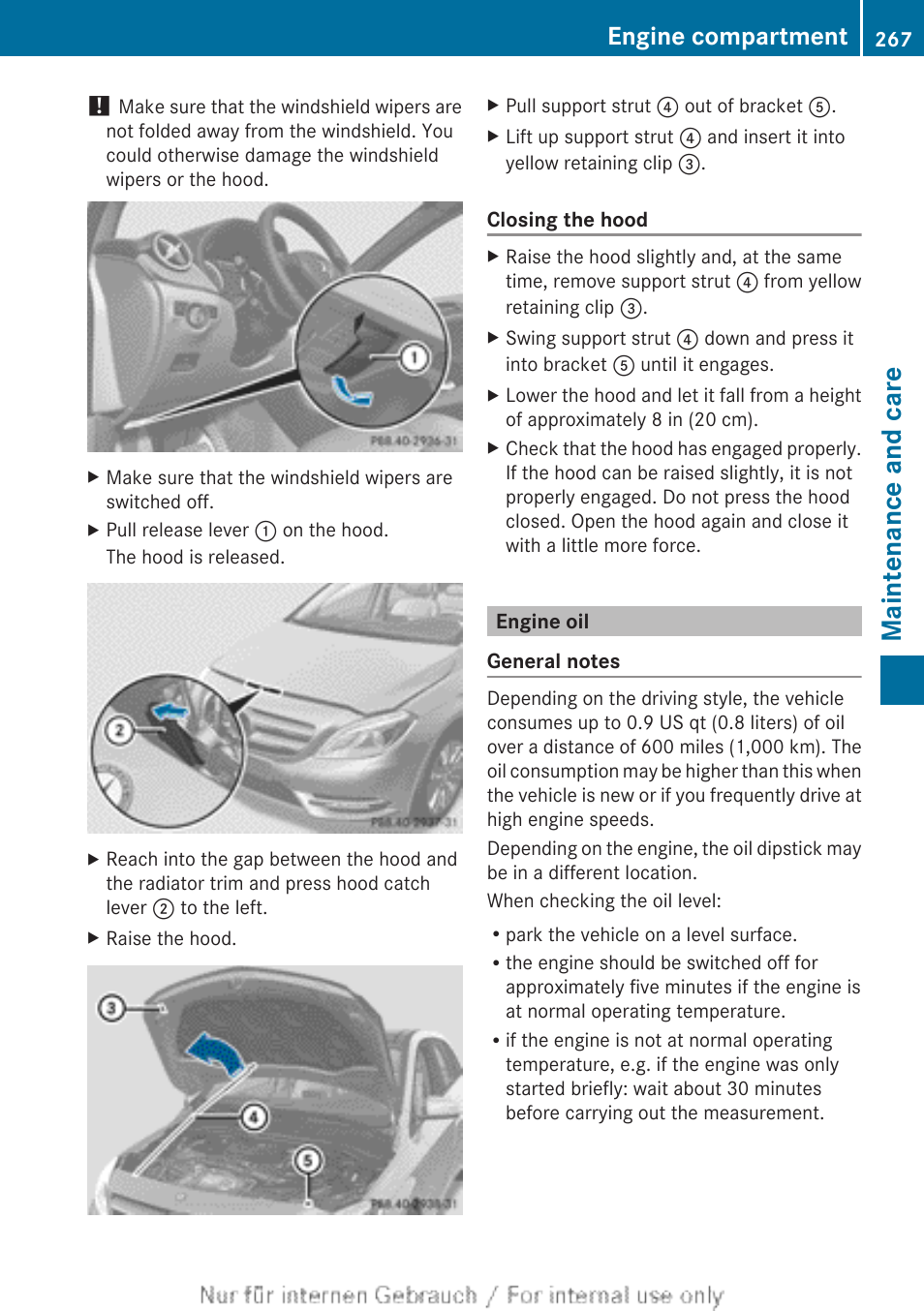 Engine oil, Maintenance and care, Engine compartment | Mercedes-Benz 2012 B Class User Manual | Page 269 / 340