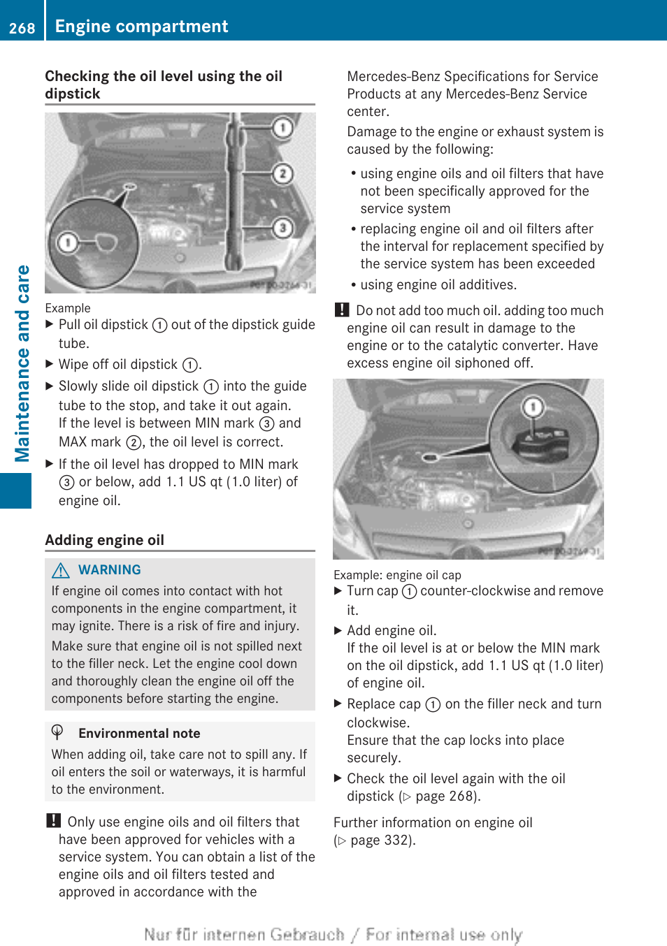 Maintenance and care, Engine compartment | Mercedes-Benz 2012 B Class User Manual | Page 270 / 340