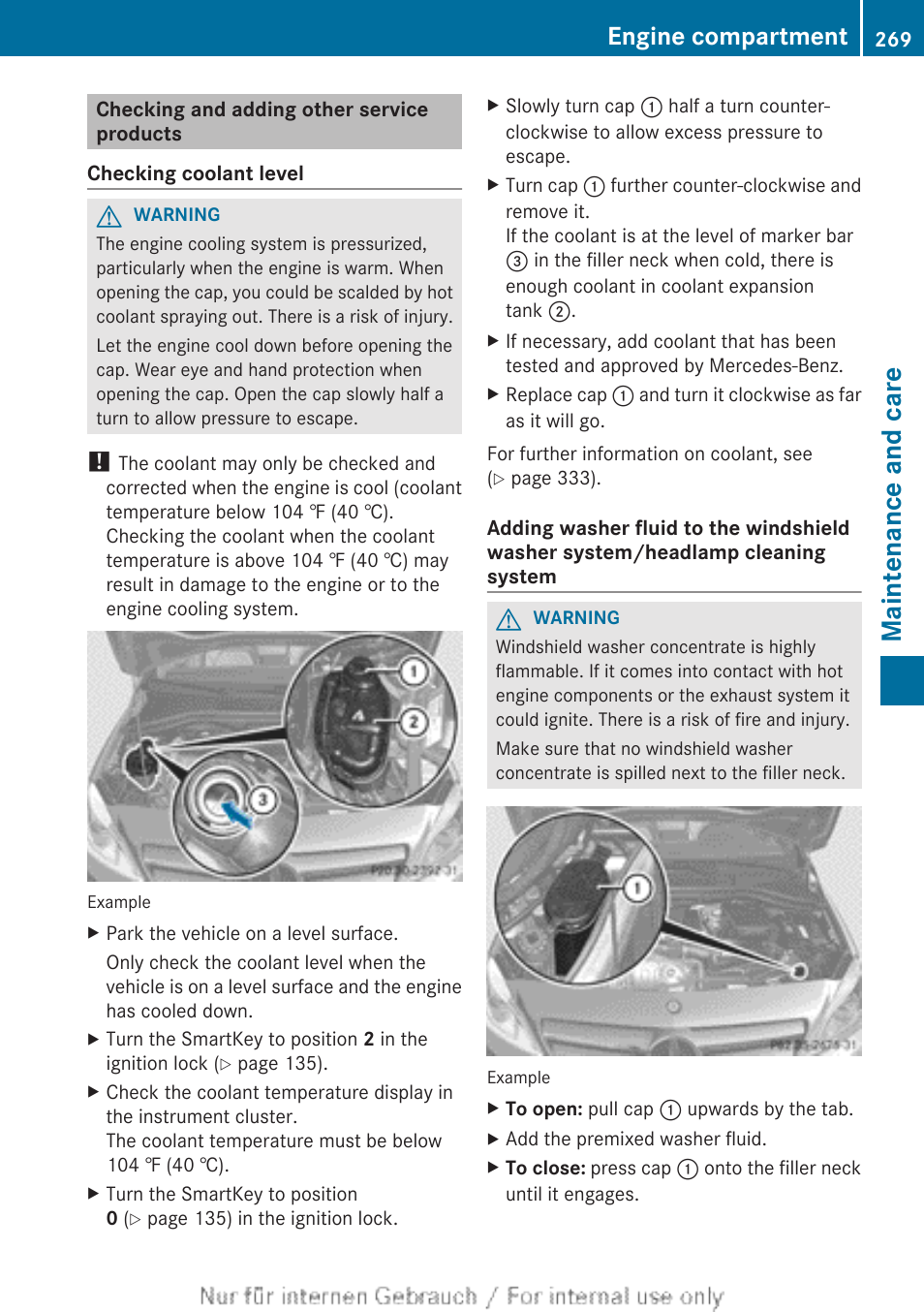 Checking and adding other service products, Maintenance and care, Engine compartment | Mercedes-Benz 2012 B Class User Manual | Page 271 / 340