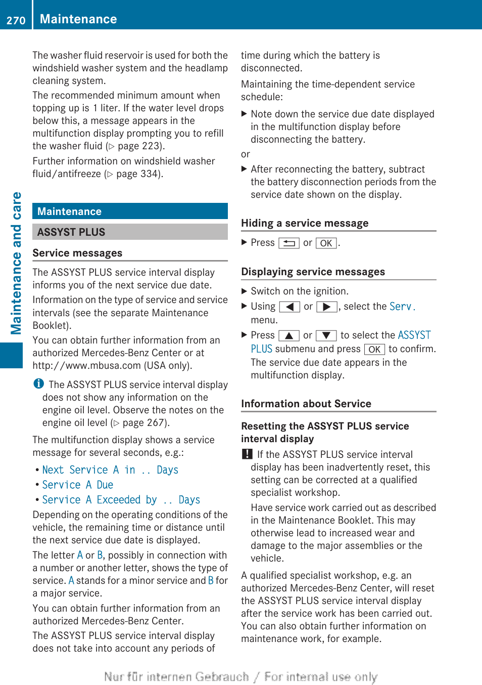 Maintenance, Assyst plus, Maintenance and care | Mercedes-Benz 2012 B Class User Manual | Page 272 / 340