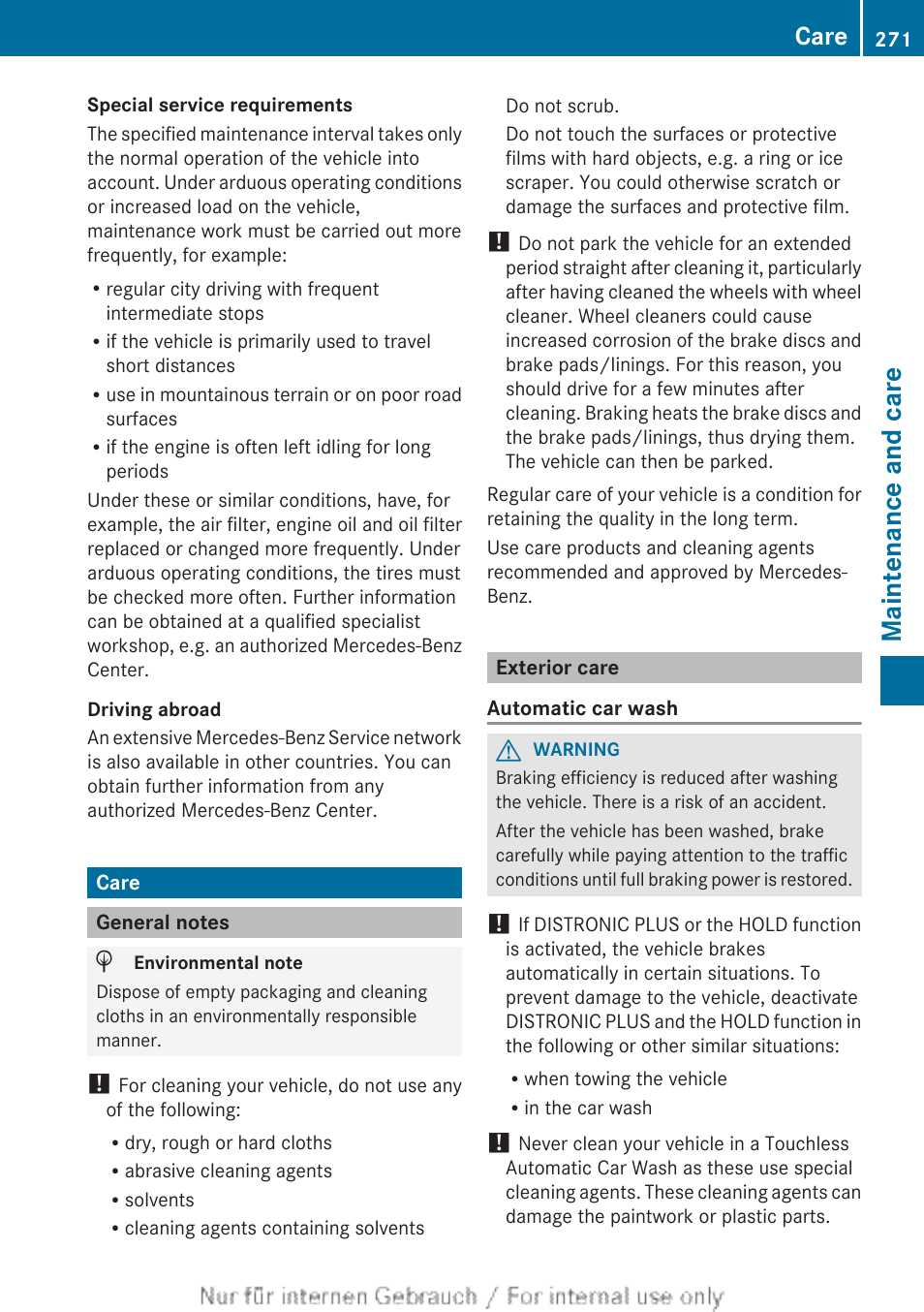 Care, General notes, Exterior care | Maintenance and care | Mercedes-Benz 2012 B Class User Manual | Page 273 / 340