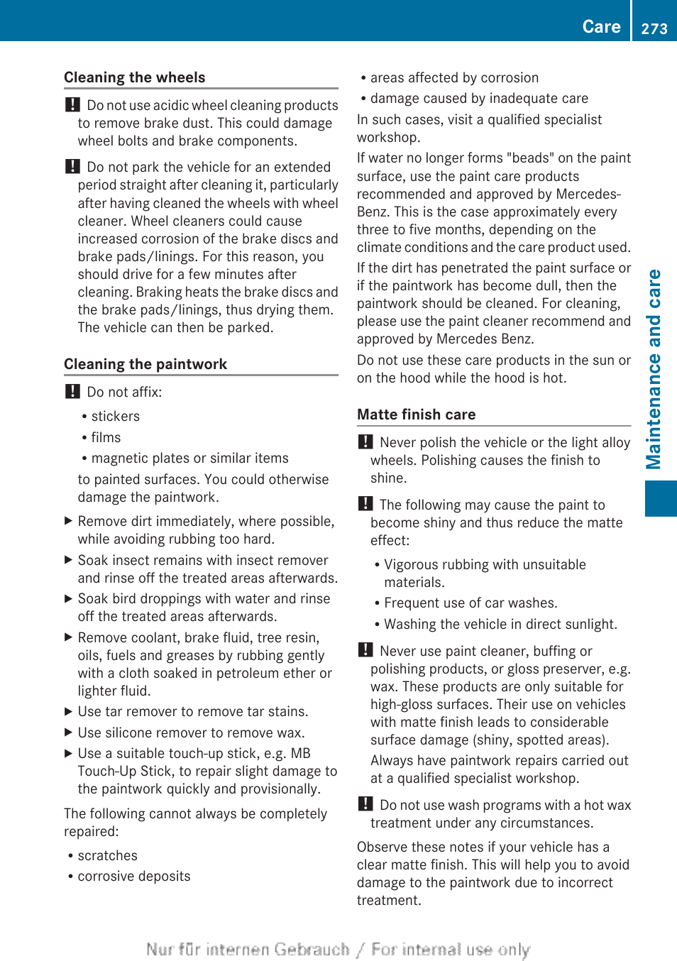 Maintenance and care, Care | Mercedes-Benz 2012 B Class User Manual | Page 275 / 340