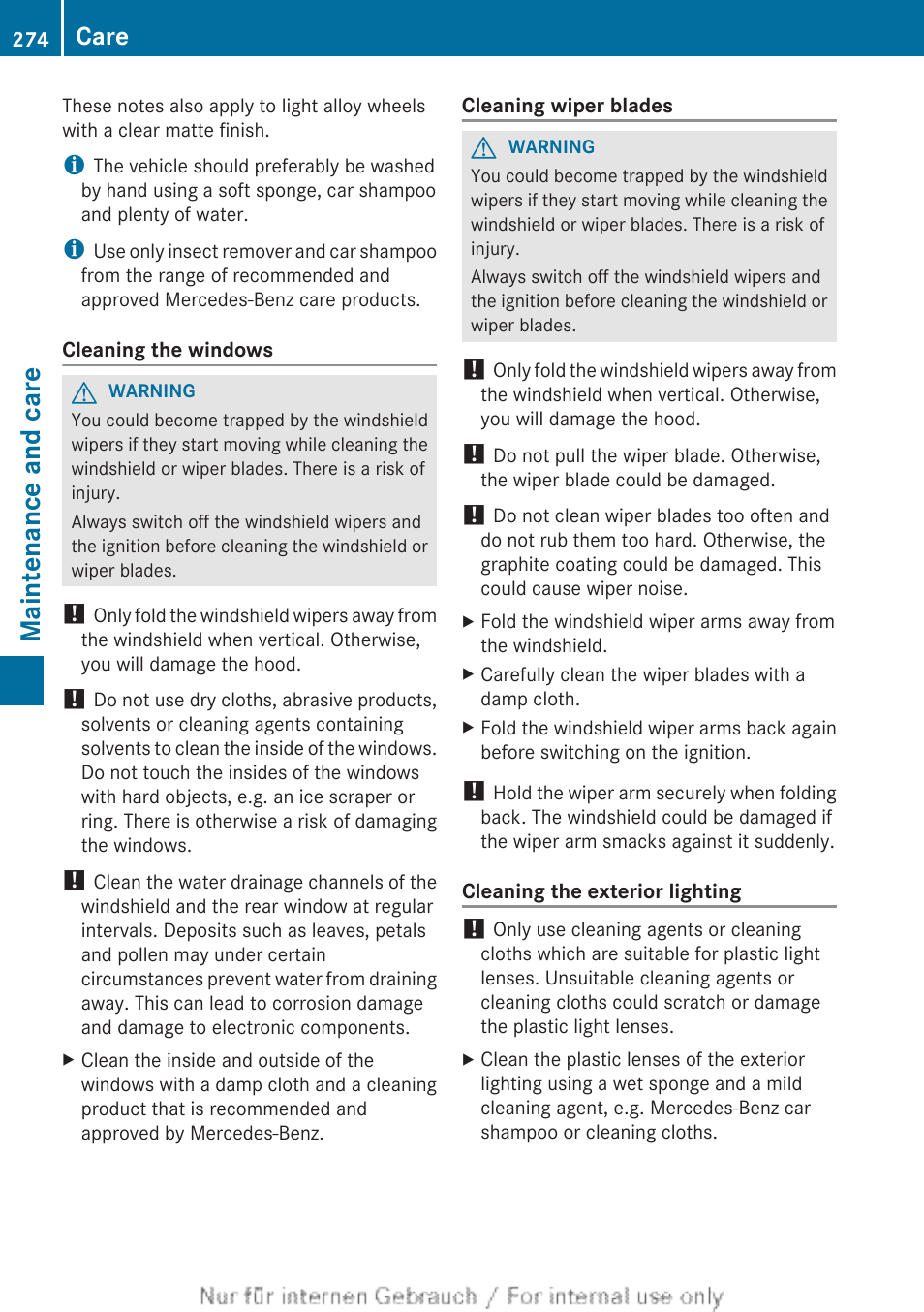 Maintenance and care, Care | Mercedes-Benz 2012 B Class User Manual | Page 276 / 340