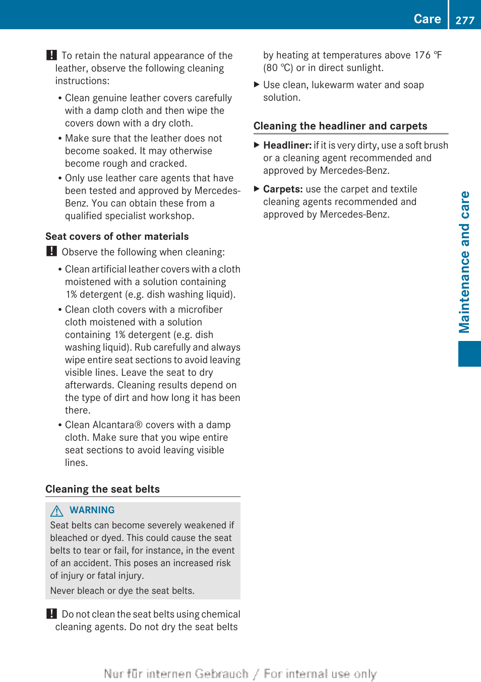 Maintenance and care, Care | Mercedes-Benz 2012 B Class User Manual | Page 279 / 340