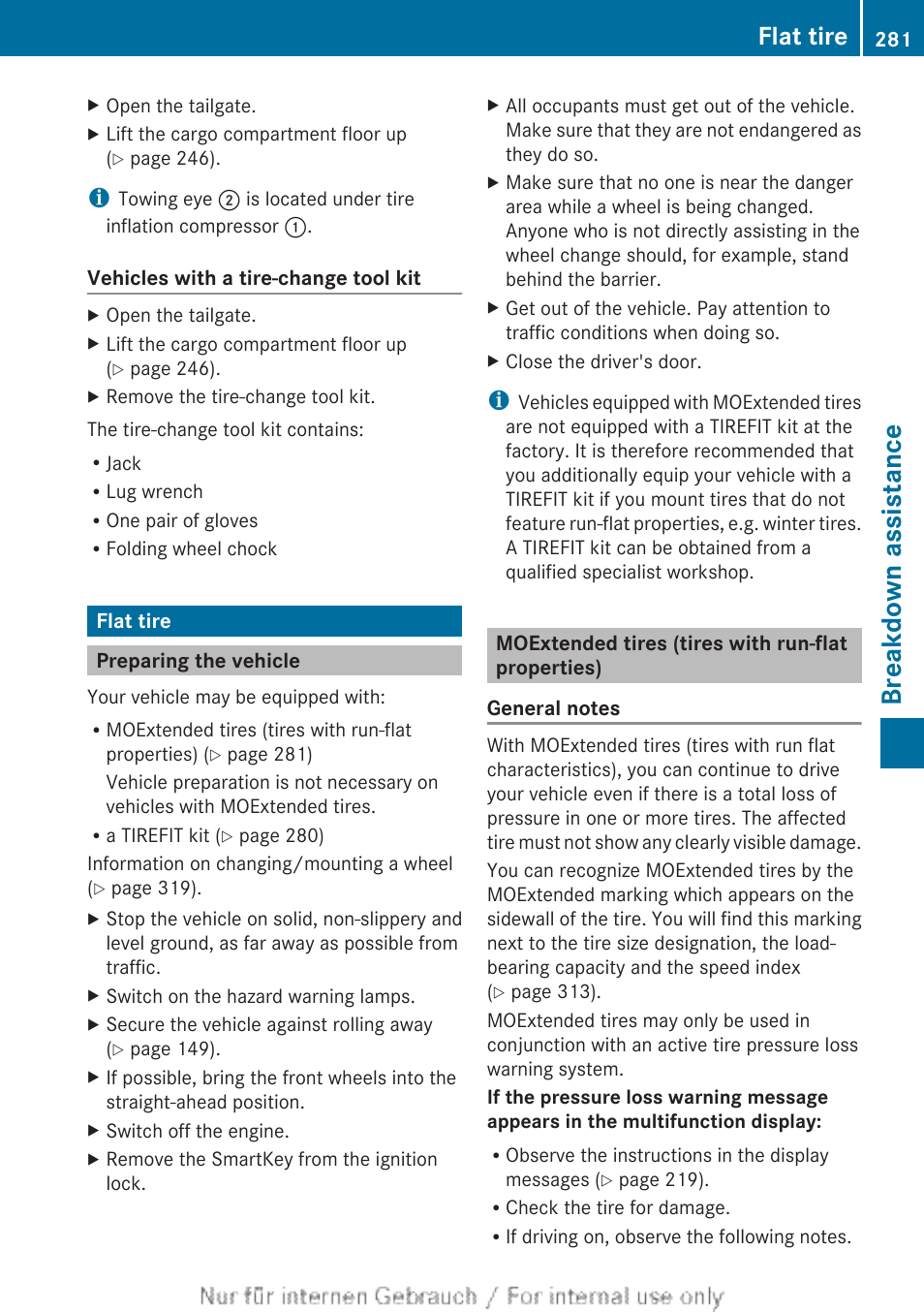 Flat tire, Preparing the vehicle, Moextended tires (tires with run-flat properties) | Breakdown assistance | Mercedes-Benz 2012 B Class User Manual | Page 283 / 340