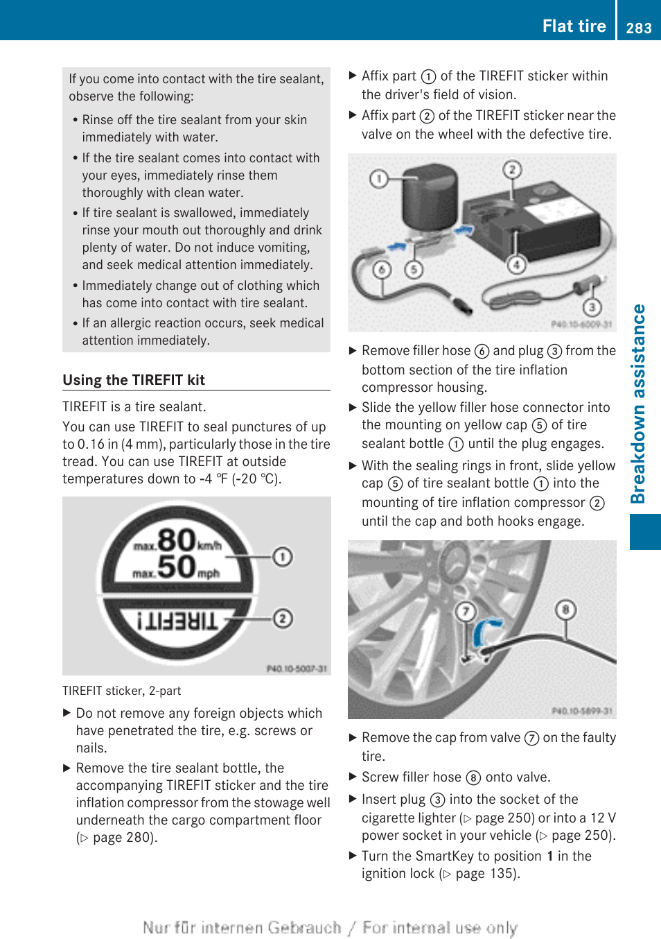 Breakdown assistance, Flat tire | Mercedes-Benz 2012 B Class User Manual | Page 285 / 340