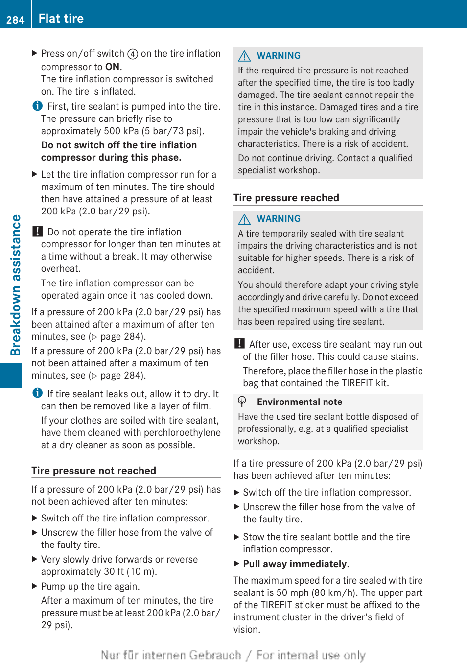 Breakdown assistance, Flat tire | Mercedes-Benz 2012 B Class User Manual | Page 286 / 340