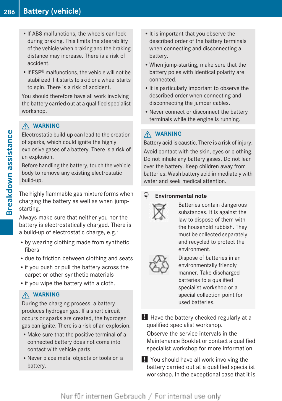 Breakdown assistance, Battery (vehicle) | Mercedes-Benz 2012 B Class User Manual | Page 288 / 340