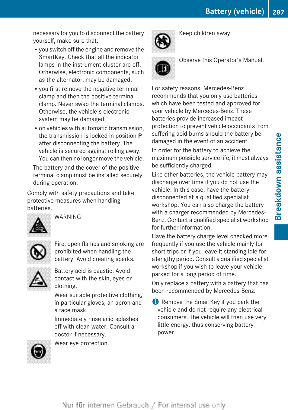 Breakdown assistance, Battery (vehicle) | Mercedes-Benz 2012 B Class User Manual | Page 289 / 340