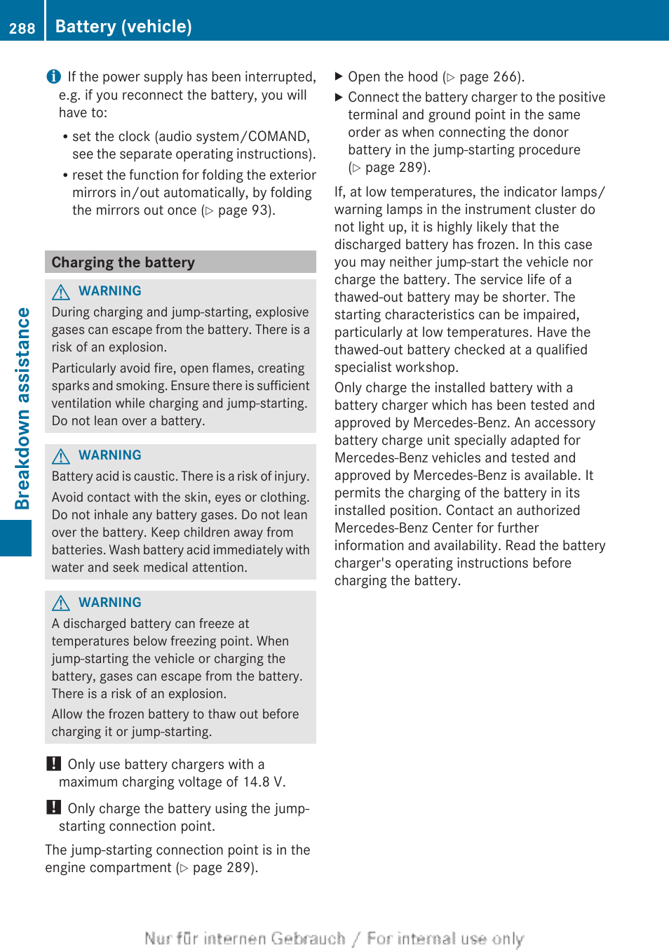 Charging the battery, Breakdown assistance, Battery (vehicle) | Mercedes-Benz 2012 B Class User Manual | Page 290 / 340