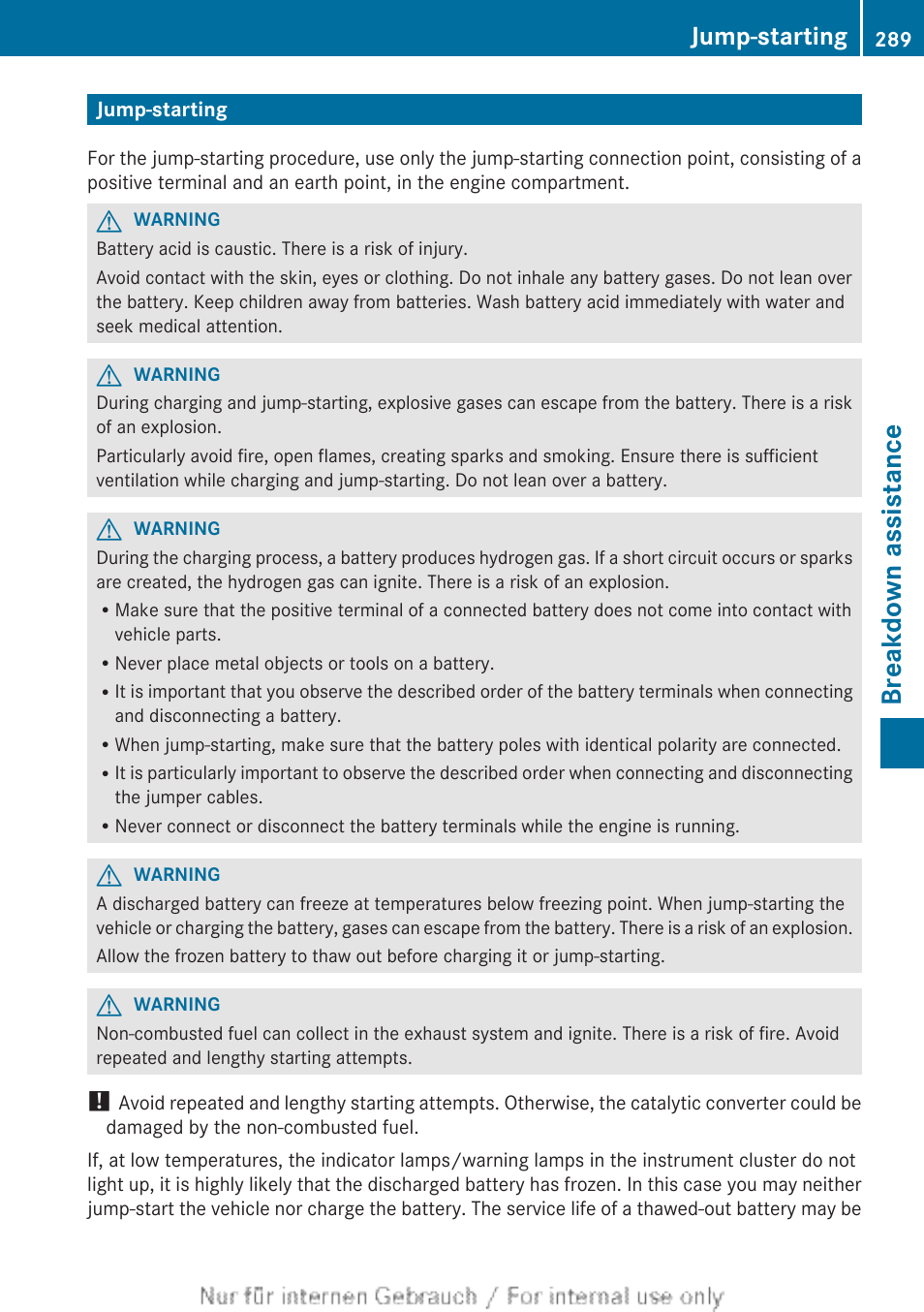 Jump-starting, Breakdown assistance | Mercedes-Benz 2012 B Class User Manual | Page 291 / 340