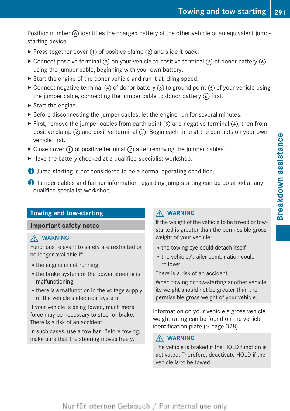 Towing and tow-starting, Important safety notes, Breakdown assistance | Mercedes-Benz 2012 B Class User Manual | Page 293 / 340