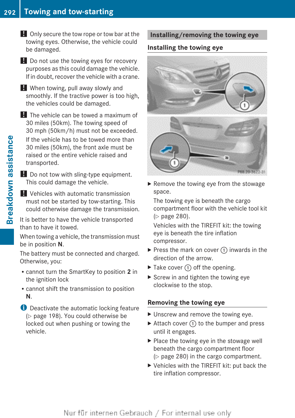 Installing/removing the towing eye, Breakdown assistance, Towing and tow-starting | Mercedes-Benz 2012 B Class User Manual | Page 294 / 340