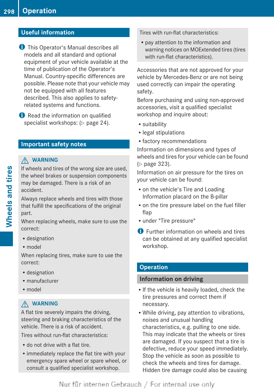 Wheels and tires, Useful information, Important safety notes | Operation, Information on driving | Mercedes-Benz 2012 B Class User Manual | Page 300 / 340