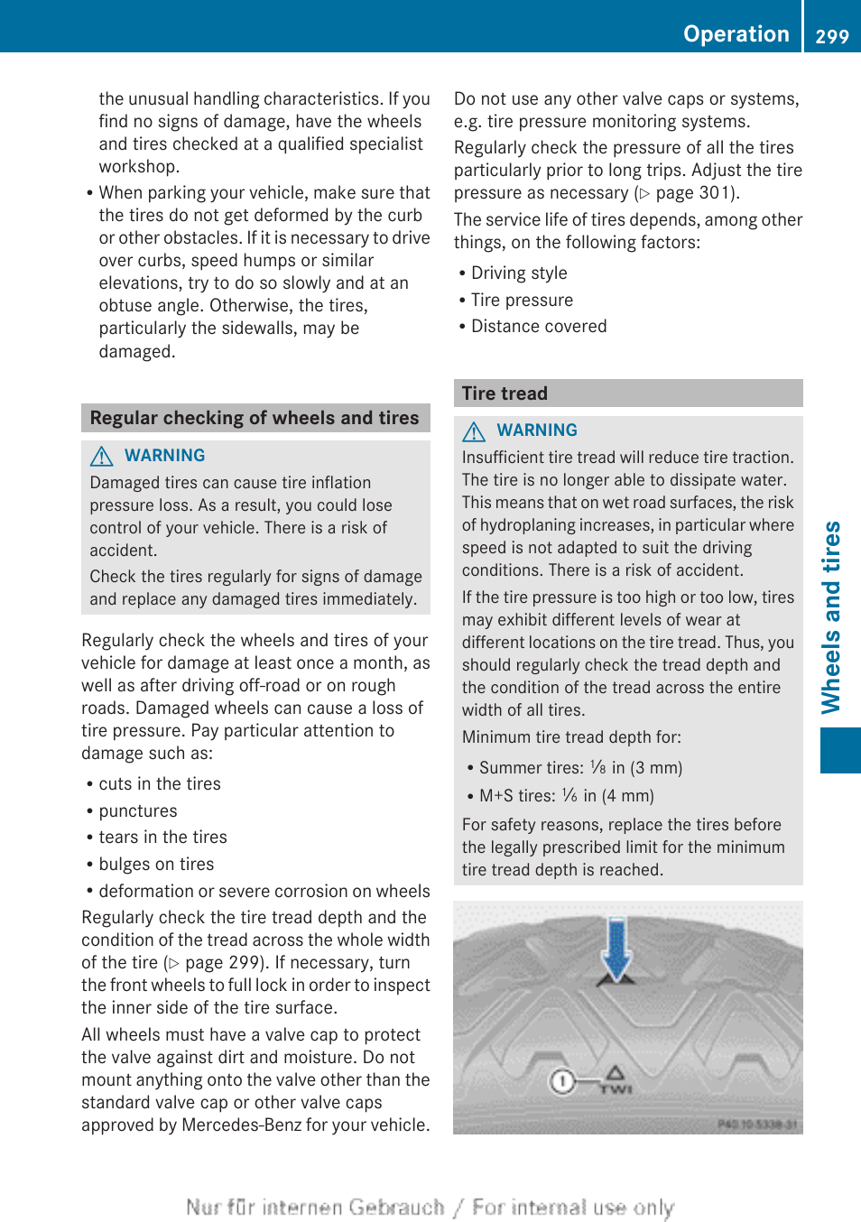 Regular checking of wheels and tires, Tire tread, Wheels and tires | Operation | Mercedes-Benz 2012 B Class User Manual | Page 301 / 340