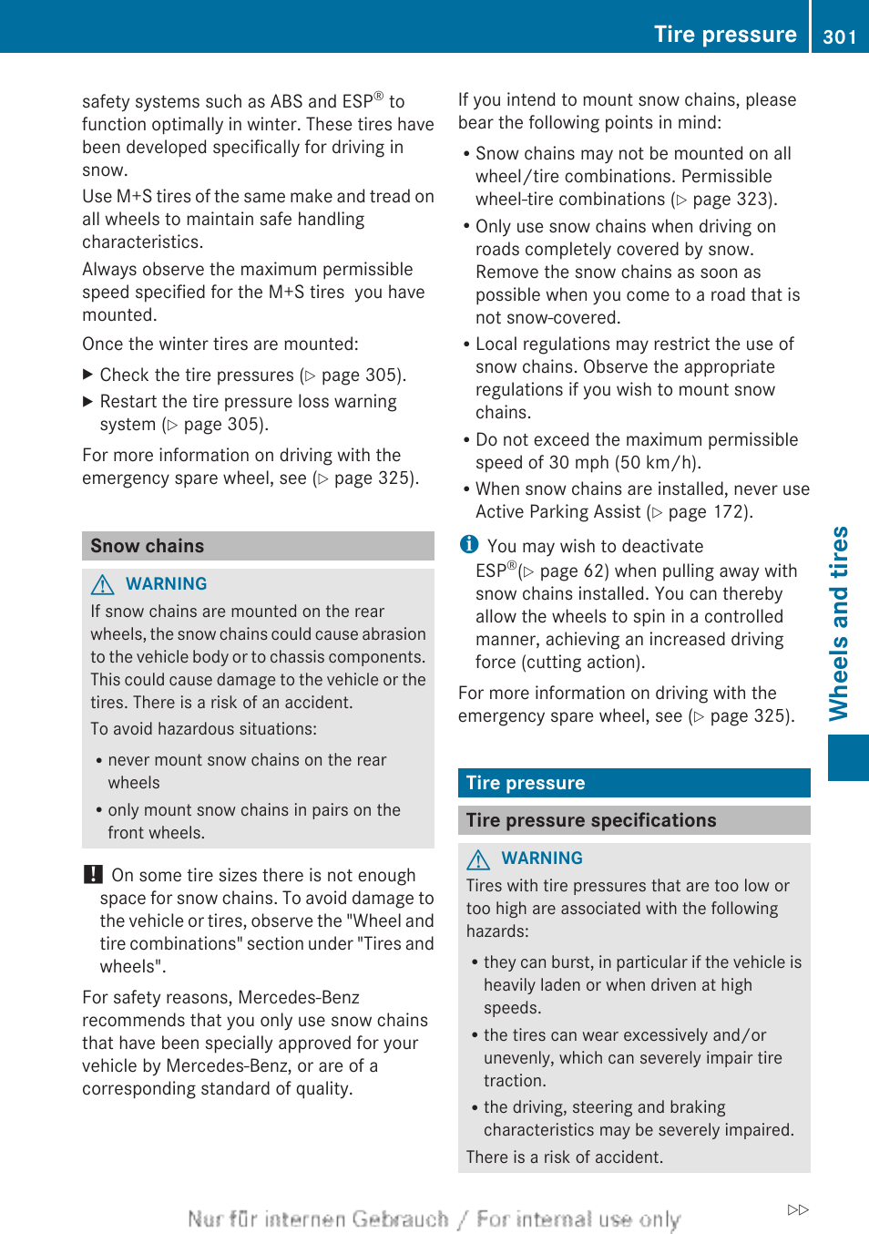 Snow chains, Tire pressure, Tire pressure specifications | Wheels and tires | Mercedes-Benz 2012 B Class User Manual | Page 303 / 340