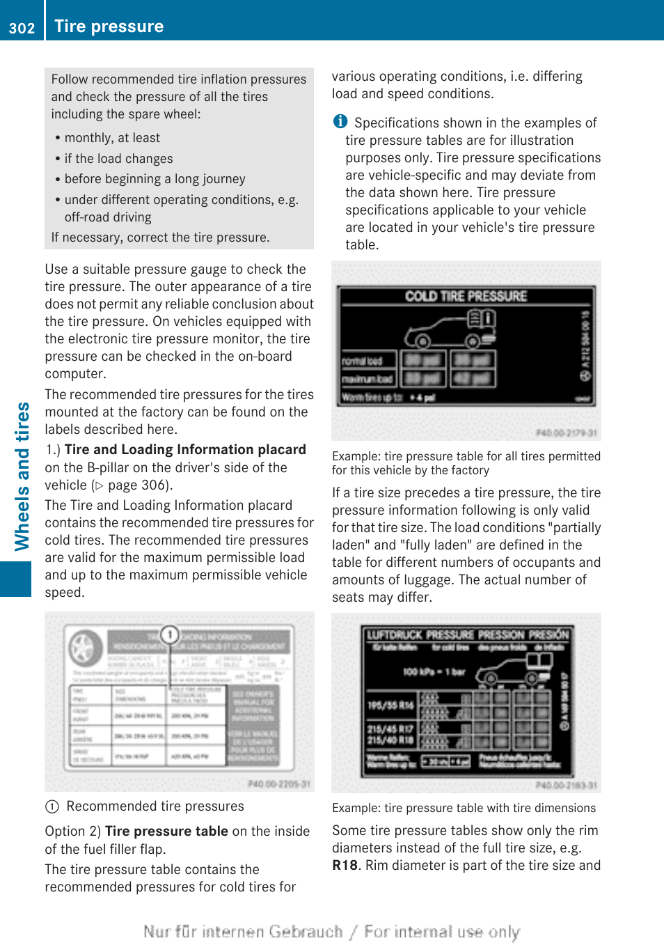 Wheels and tires, Tire pressure | Mercedes-Benz 2012 B Class User Manual | Page 304 / 340