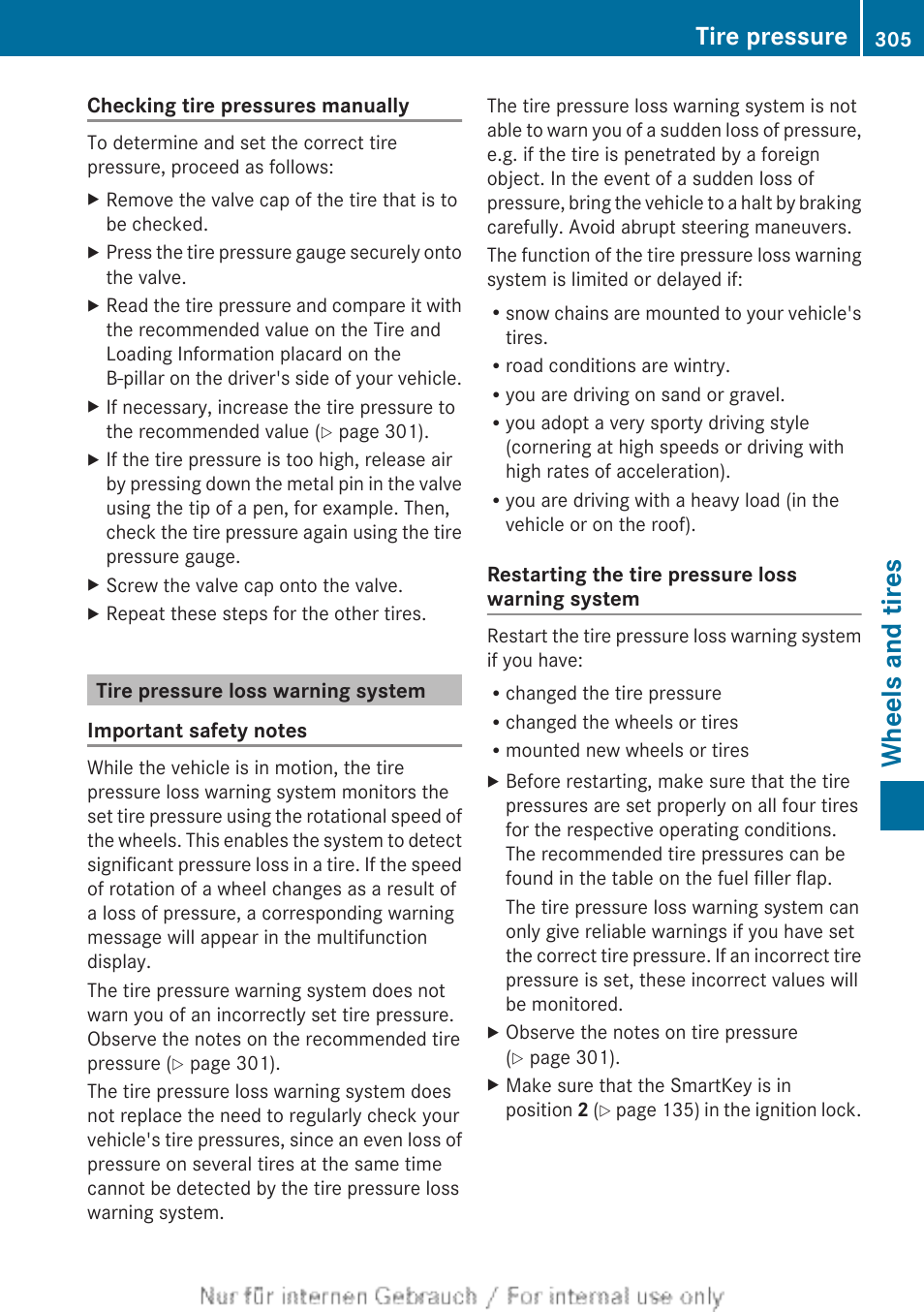 Tire pressure loss warning system, Wheels and tires, Tire pressure | Mercedes-Benz 2012 B Class User Manual | Page 307 / 340