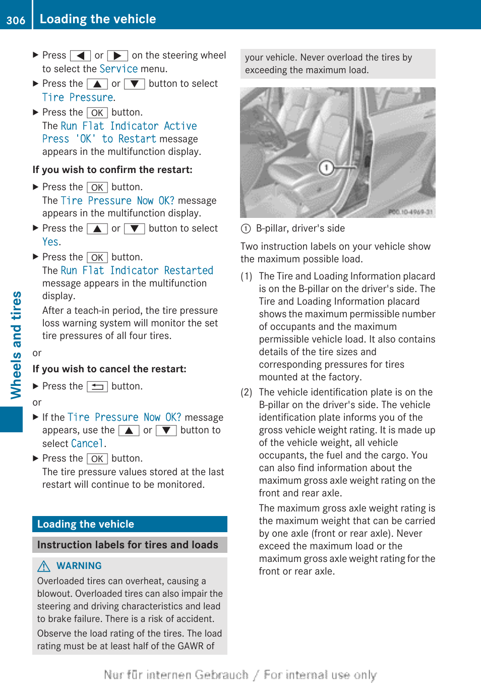 Loading the vehicle, Instruction labels for tires and loads, Wheels and tires | Mercedes-Benz 2012 B Class User Manual | Page 308 / 340