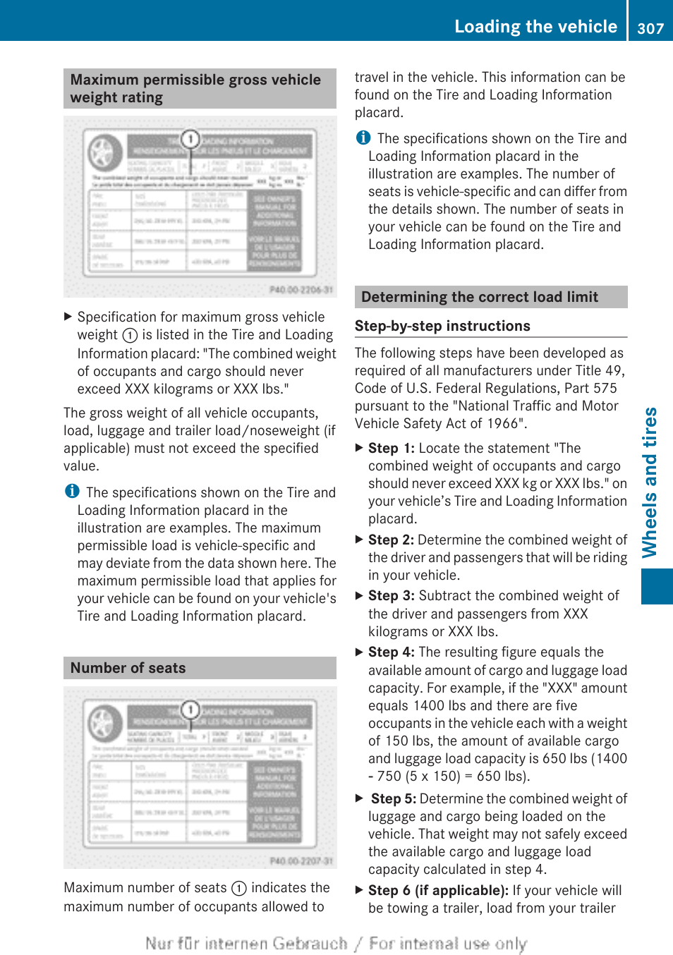 Maximum permissible gross vehicle weight rating, Number of seats, Determining the correct load limit | Wheels and tires, Loading the vehicle | Mercedes-Benz 2012 B Class User Manual | Page 309 / 340