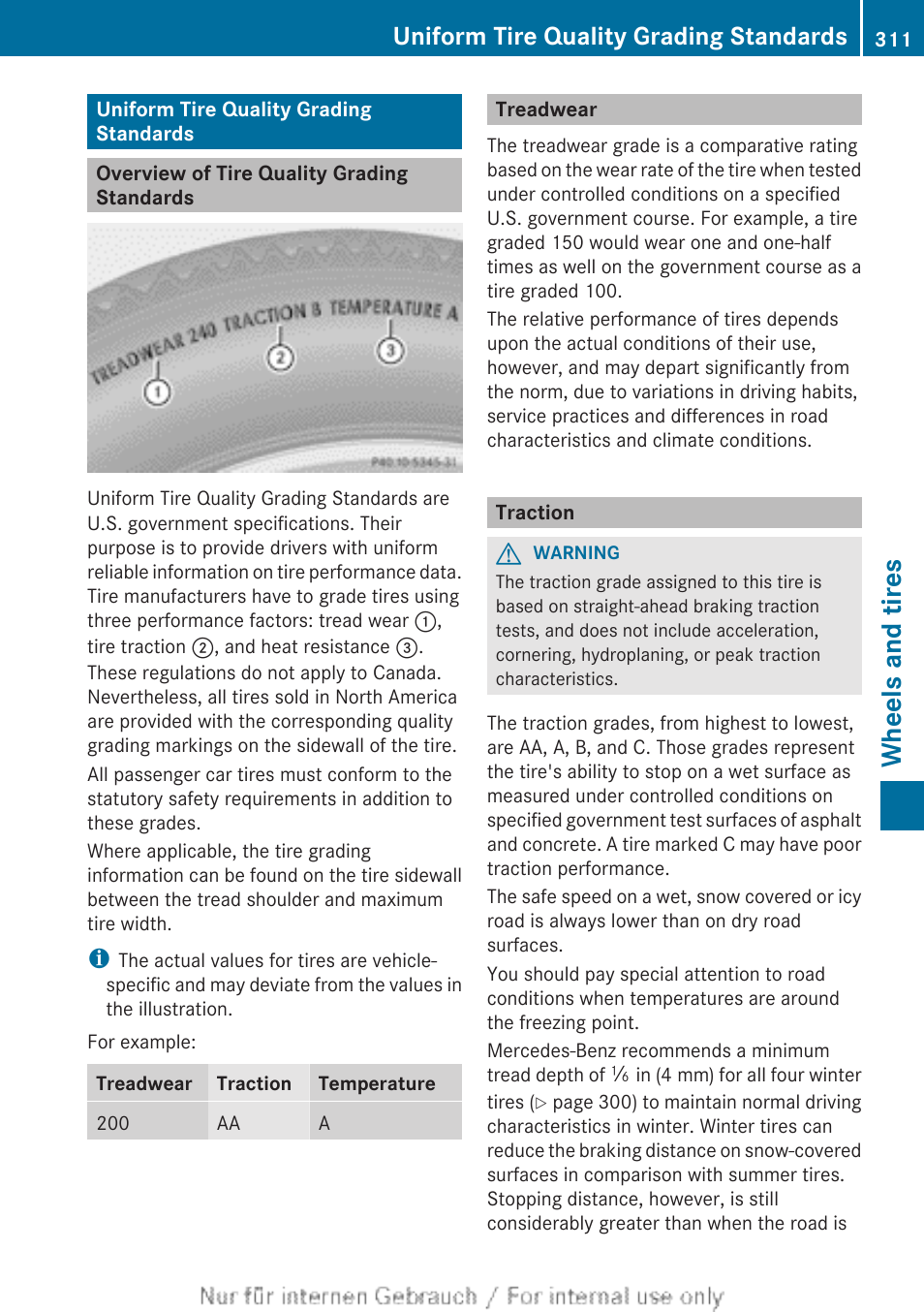 Uniform tire quality grading standards, Overview of tire quality grading standards, Treadwear | Traction, Wheels and tires | Mercedes-Benz 2012 B Class User Manual | Page 313 / 340