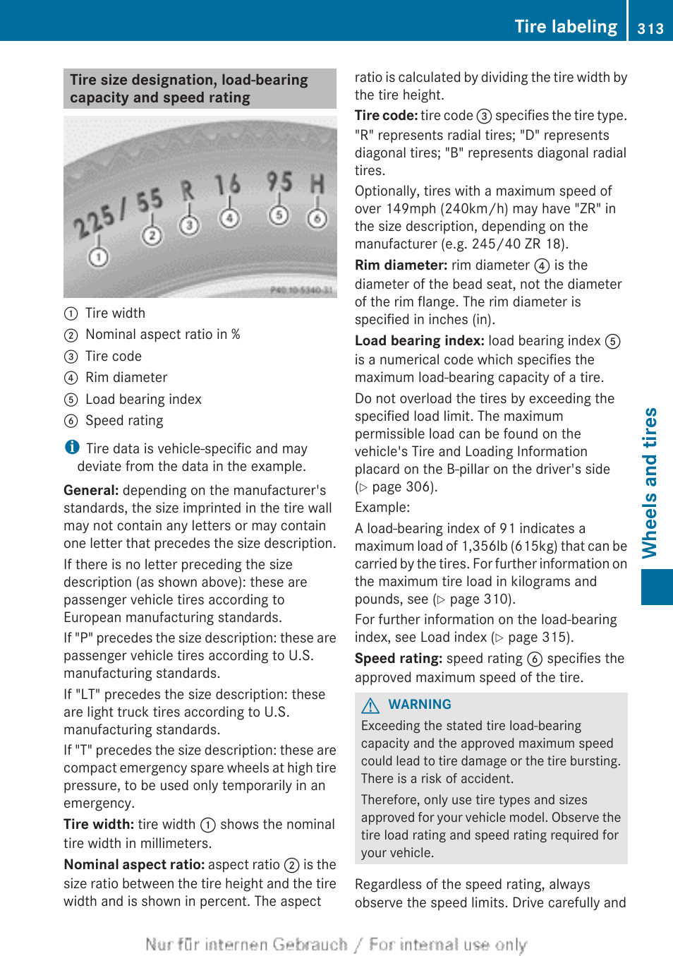 Wheels and tires, Tire labeling | Mercedes-Benz 2012 B Class User Manual | Page 315 / 340